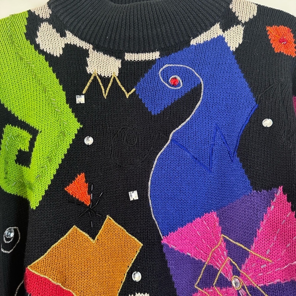 Vintage 90’s Rhinestone beaded ClownCore art to wear pull over sweater size M/L - Picture 3 of 11